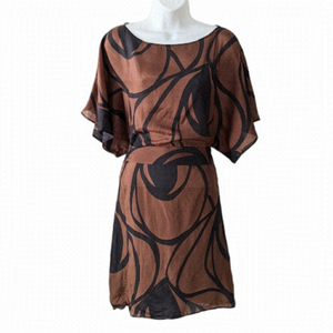 Zara 100% silk flutter sleeves bow belt dress brown black abstract print small